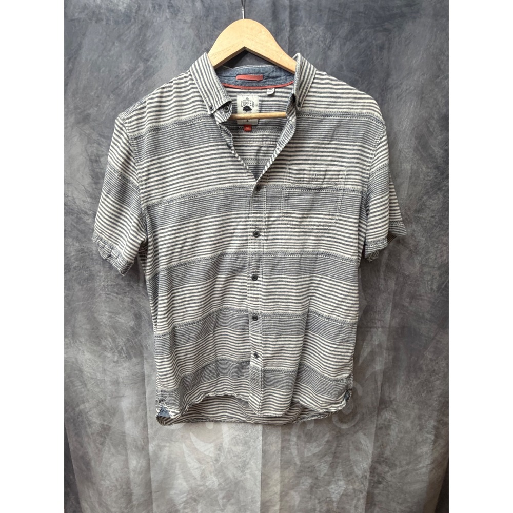 Copper & Oak Mens Blue White Striped Short Sleeve Cotton Button Down Shirt M